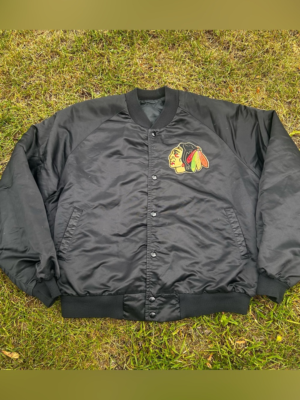 90s VTG Chicago Blackhawks NHL Hockey Black Snap-Front Jacket with Logo